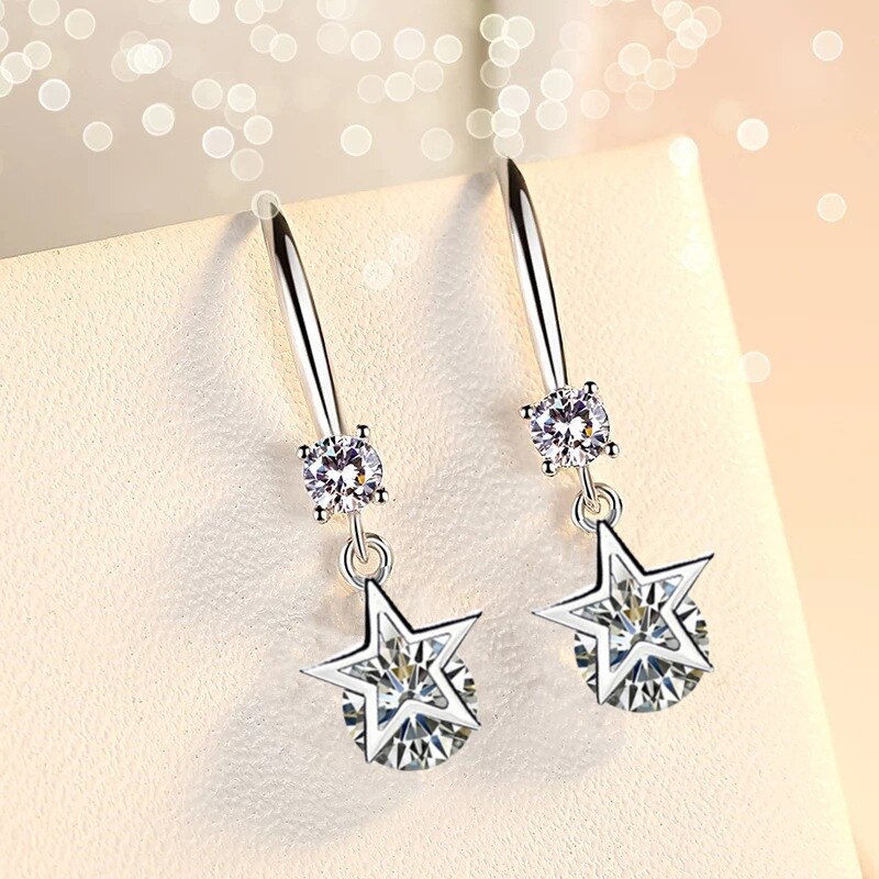 NEHZY 925 sterling silver woman jewelry blue pink crystal zircon five-pointed star long tassel retro hook earrings: 206