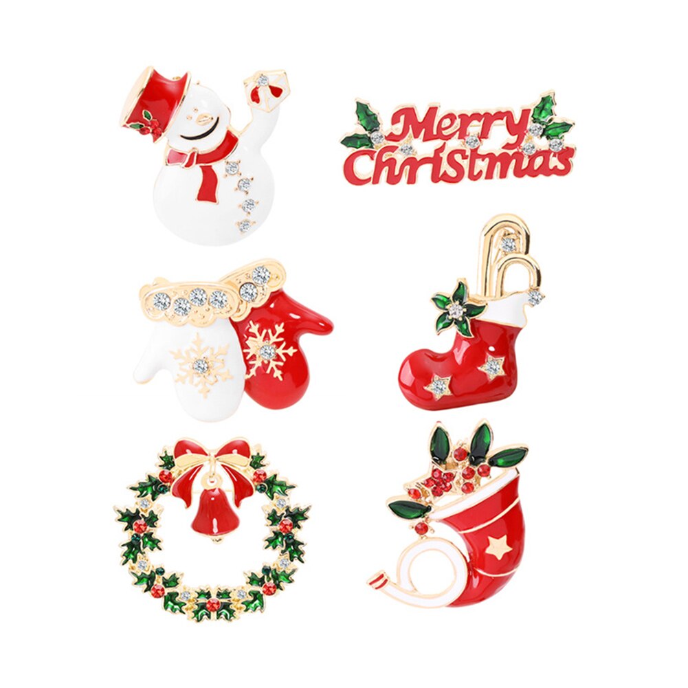 9 pçs do natal de cristal broches kit meninas bonito boneco de neve veados árvore pinguim meias pino emblemas de natal broche pinos moda jóias: 6 pcs