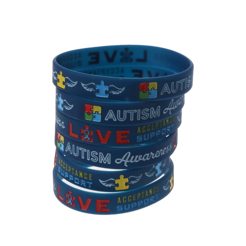 Pack Of 6 Autism Awareness Inspirational Bracelets Autism Awareness Creates Change Silicone Wristbands Blue Unisex