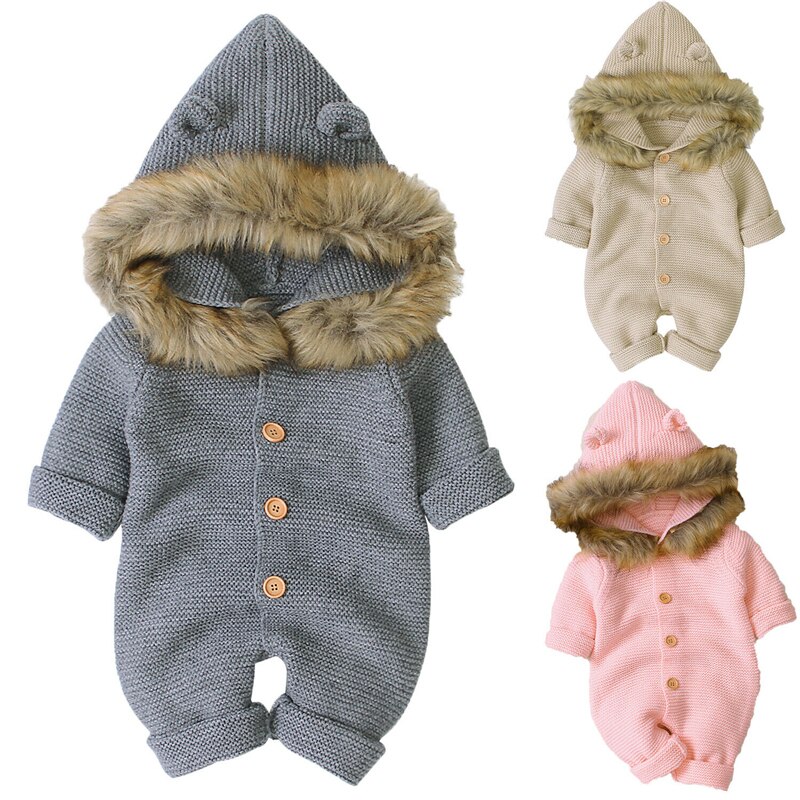 Herfst Winter Pasgeboren Rompertjes baby Warm Cotton Knit Hooded Jumpsuit baby meisjes jongens romper pasgeboren peuter baby kleding