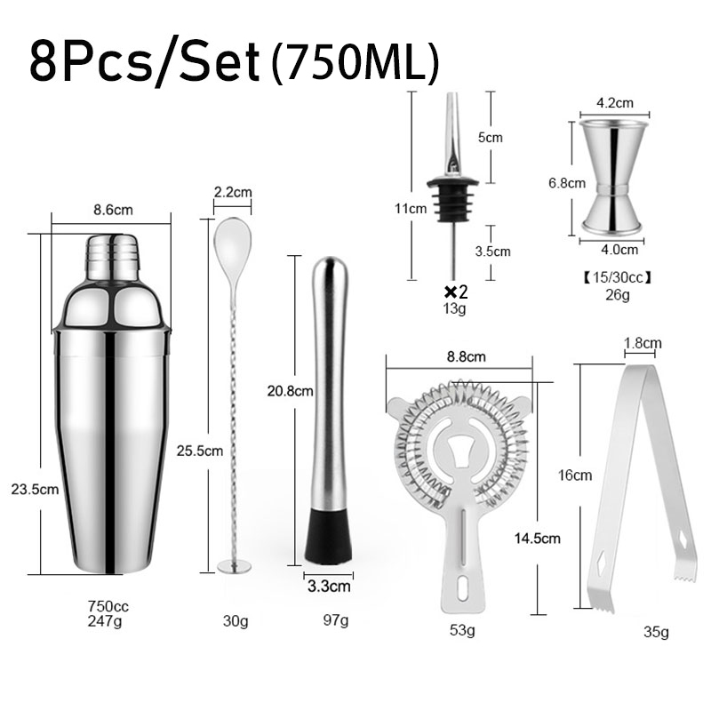 Stainless Steel Cocktail Shaker Bar Set Mixer Cocktail Shaker Wine Martini Boston Shaker Drinkware for Party Bar Tools 550/750ML: 8Pcs 750ML