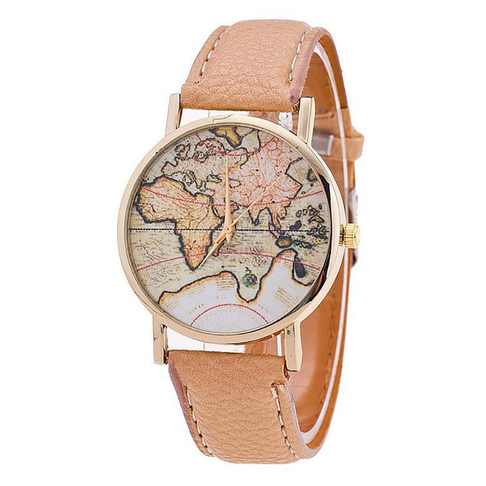 Vrouwen Horloge Afdrukken Wereldkaart Lederen Band Analoge Quartz Horloge Dames Casual Ronde Polshorloge Horloges Vrouwen: Beige