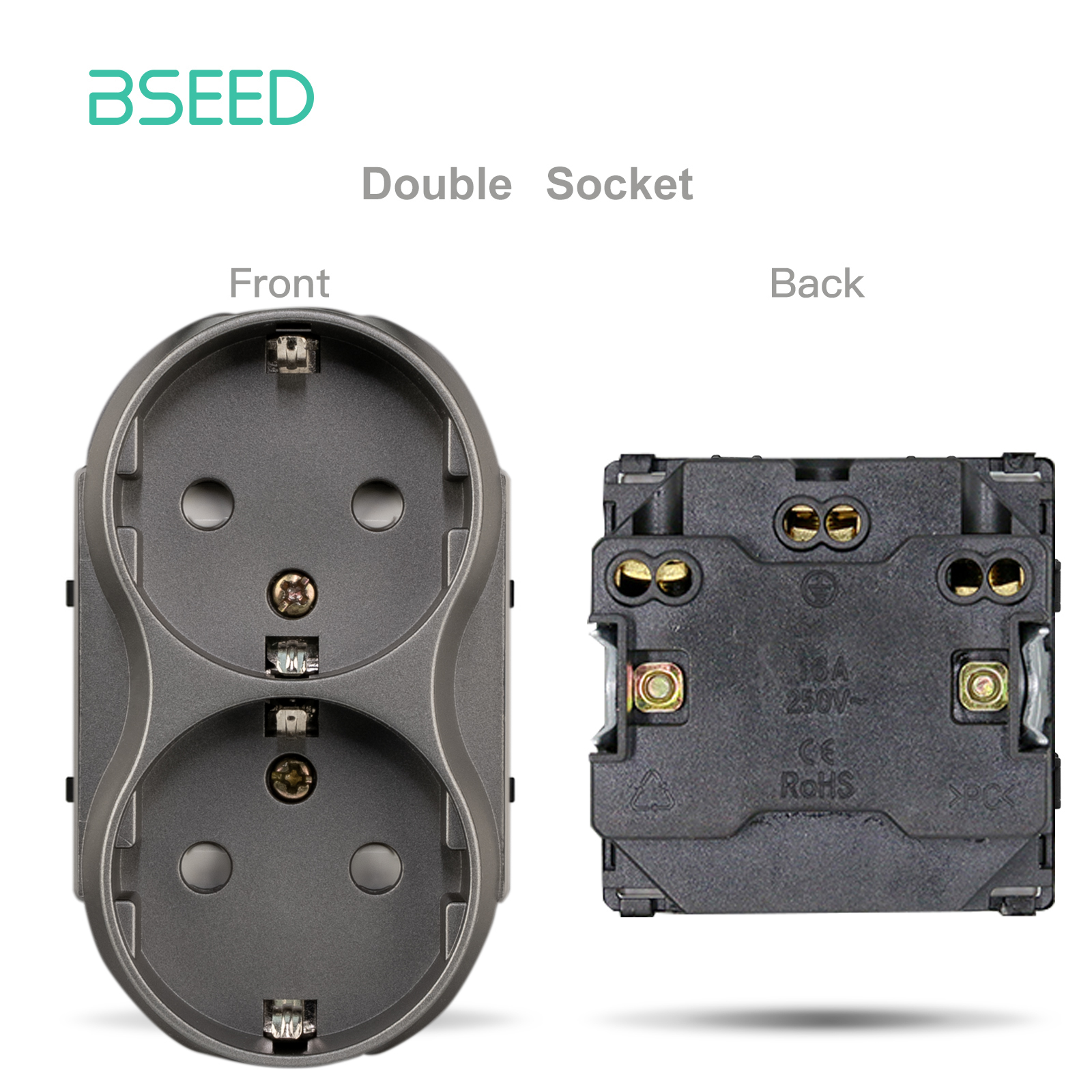 BSEED EU standard 86mm Double Sockets Module DIY Parts Plastic Materials EU Wall Socket Insert Function Key for Frame Part: Silver