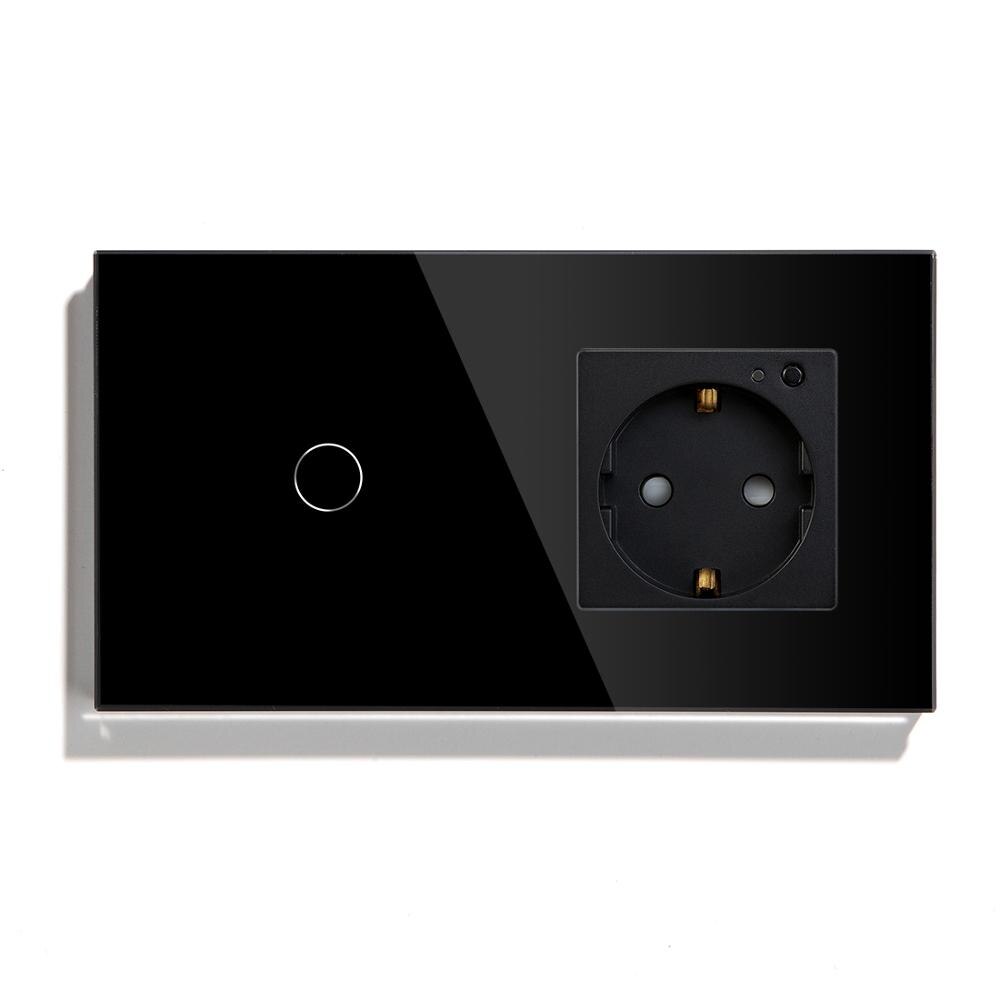 BSEED EU Standard Smart Socket Wifi Touch Switches Crystal Glass Panel Tuya Smart Switch 1/2/3Gang 1/2/3Way Alexa APP Control: Black 1Gang