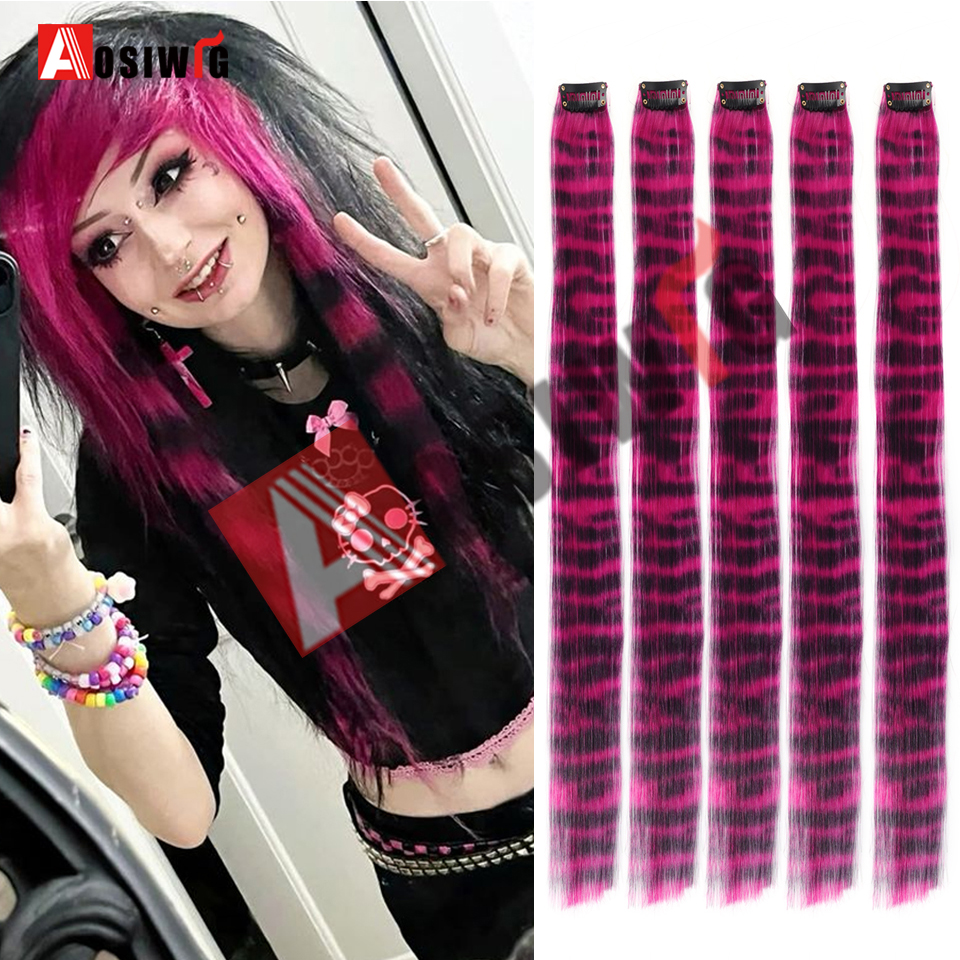 5PC Synthetic Feather Hair Extensions With Clips Heat Resistant Straight Hair Extensions Color Colored Black Hair Clip Womens 8G: 1B/30HL