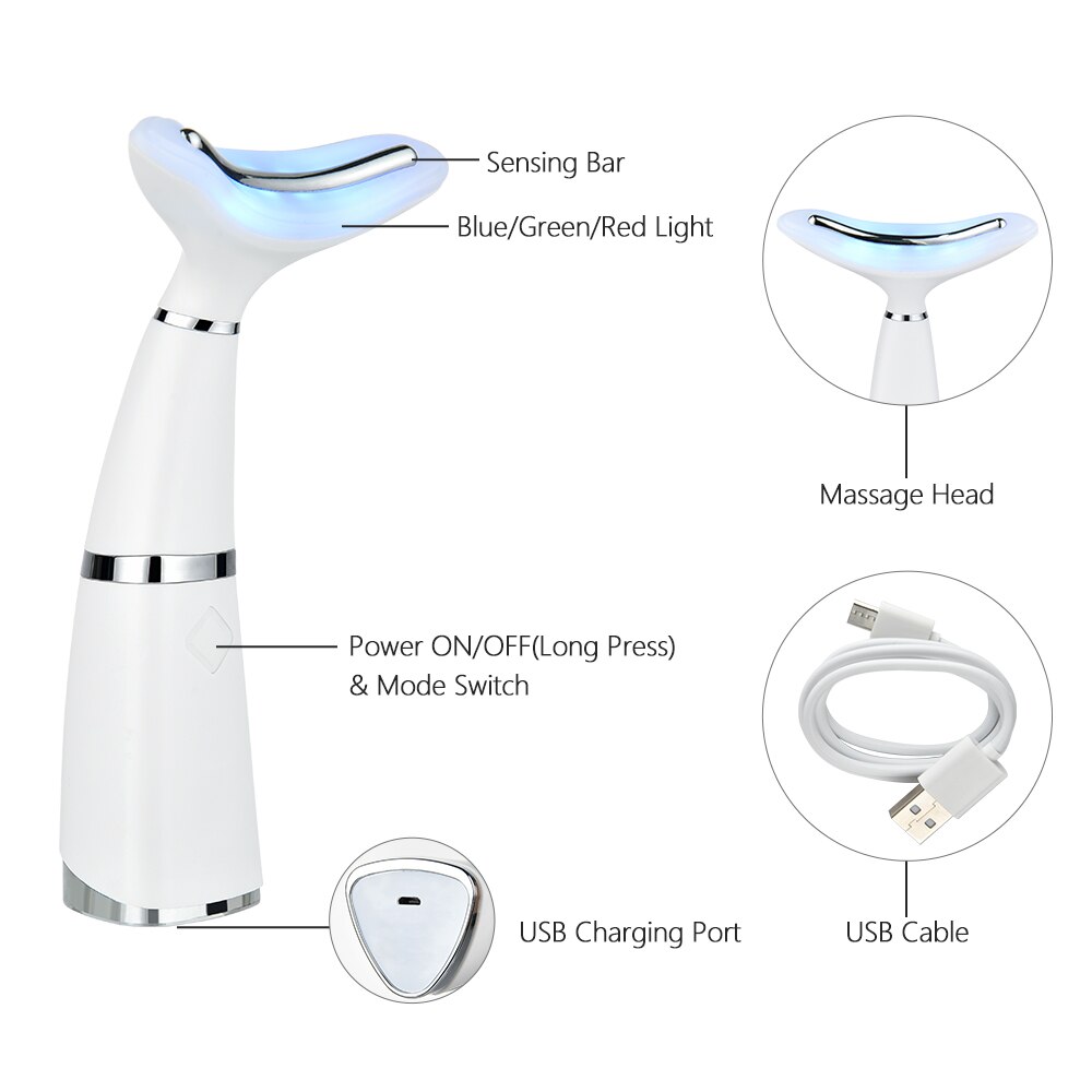 3 Colors LED Photon Therapy Neck Face Lifting Tool IPL Vibration Skin Tighten Reduce Double Chin Anti Wrinkle Beauty Device Tool
