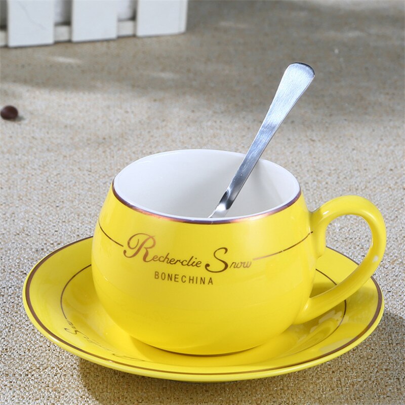 European Simple Cute Coffee Cup with Saucer Spoon Set Bone China Ceramic Tea Cup Office Milk Mug Drinkware: Yellow