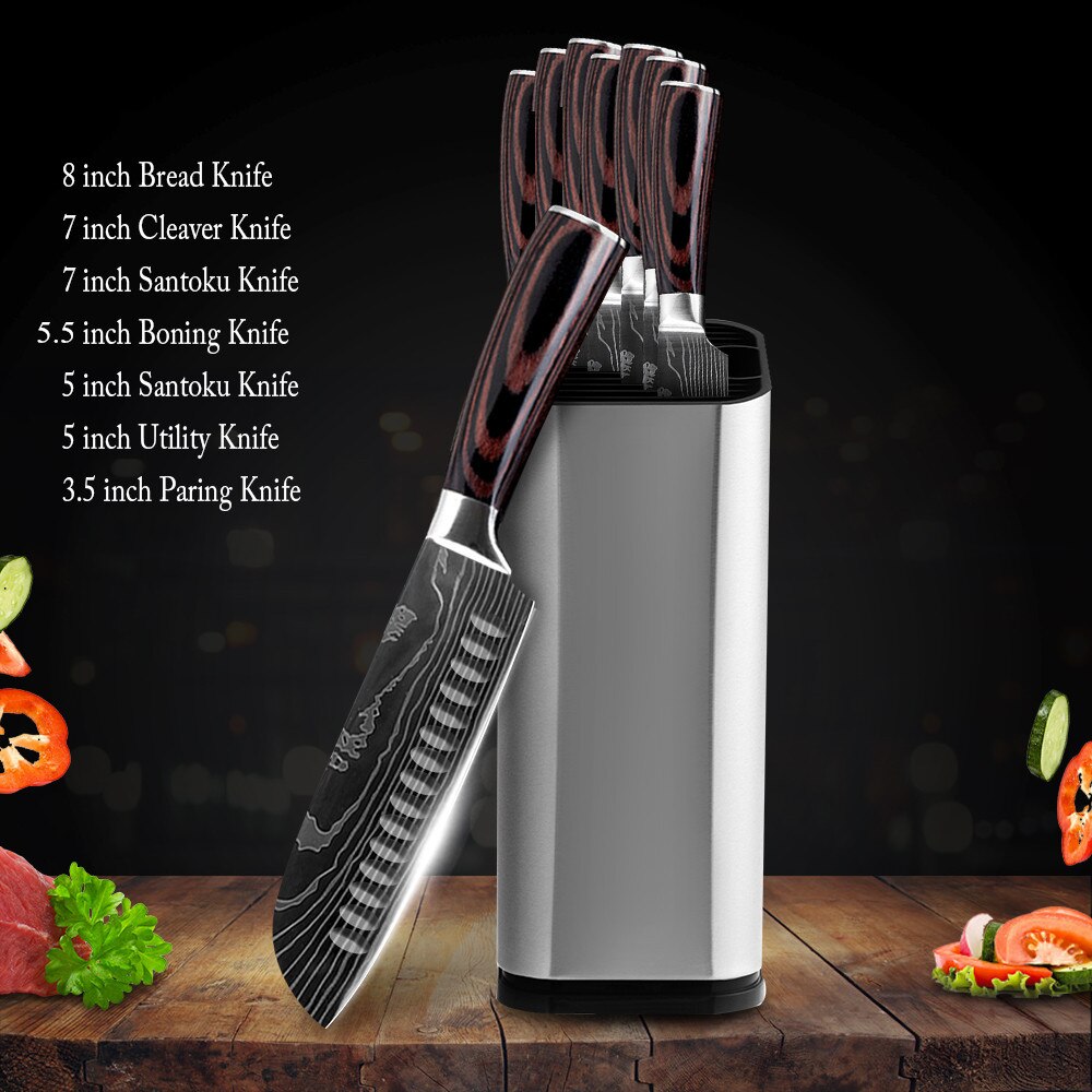 12 Pockets Knife Roll Bag 7cr17 Stainless Steel Chef Knife Set Cover Sheath Sharpener Scissors Damascus Veins Kitchen Knives Set