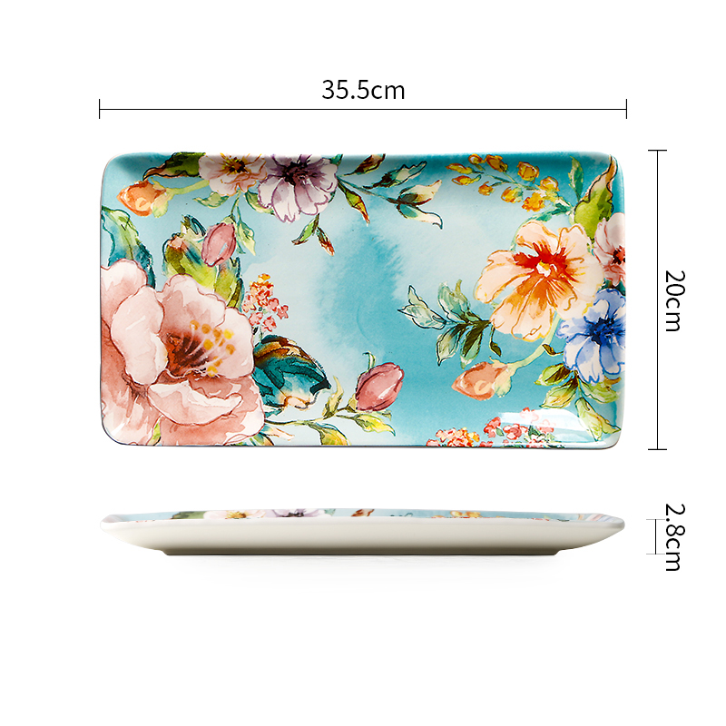 Underglaze Ceramic Plate French Home Rectangle Snack Tray Hand Painted Flower Decorate Dinner Plates Dining Table Decor: Plate-35.5x20x2.8cm