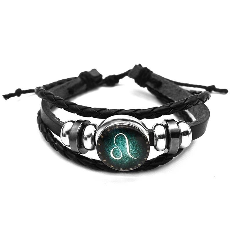 Luminosas 12 Constelaciones pulsera de cuero signo del zodiaco con abalorios pulseras trenzadas Punk para Niños Accesorios de la joyería de los hombres