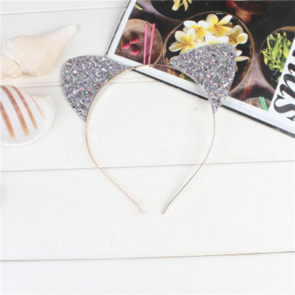 1pcs Cute Shiny Sequins Cat Ears Headband For Girl Cat Ears Hairband Kid Hair Accessories For Women Cartoon Headband: silver