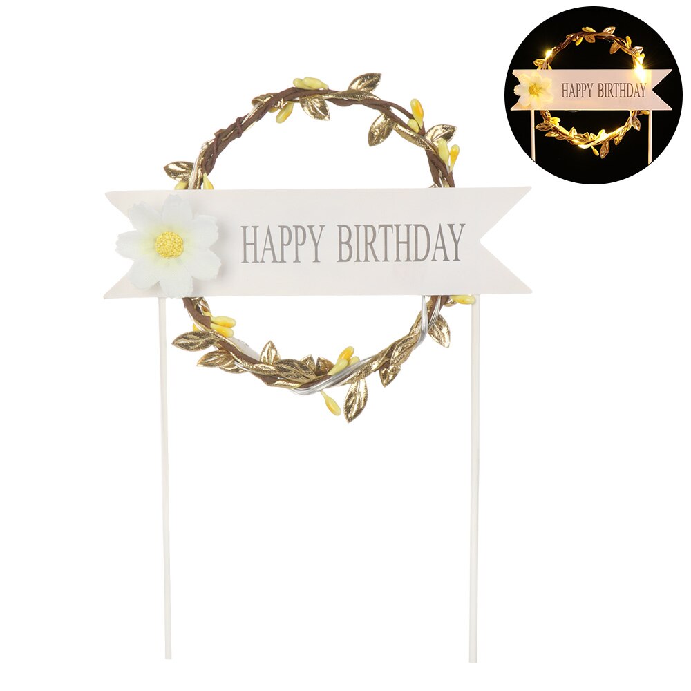 LED Cake Topper Glowing Artificial Garland Cake Topper For Happy Birthday Party Cake Decoration Flower Daisy Year: yellow / NO LED