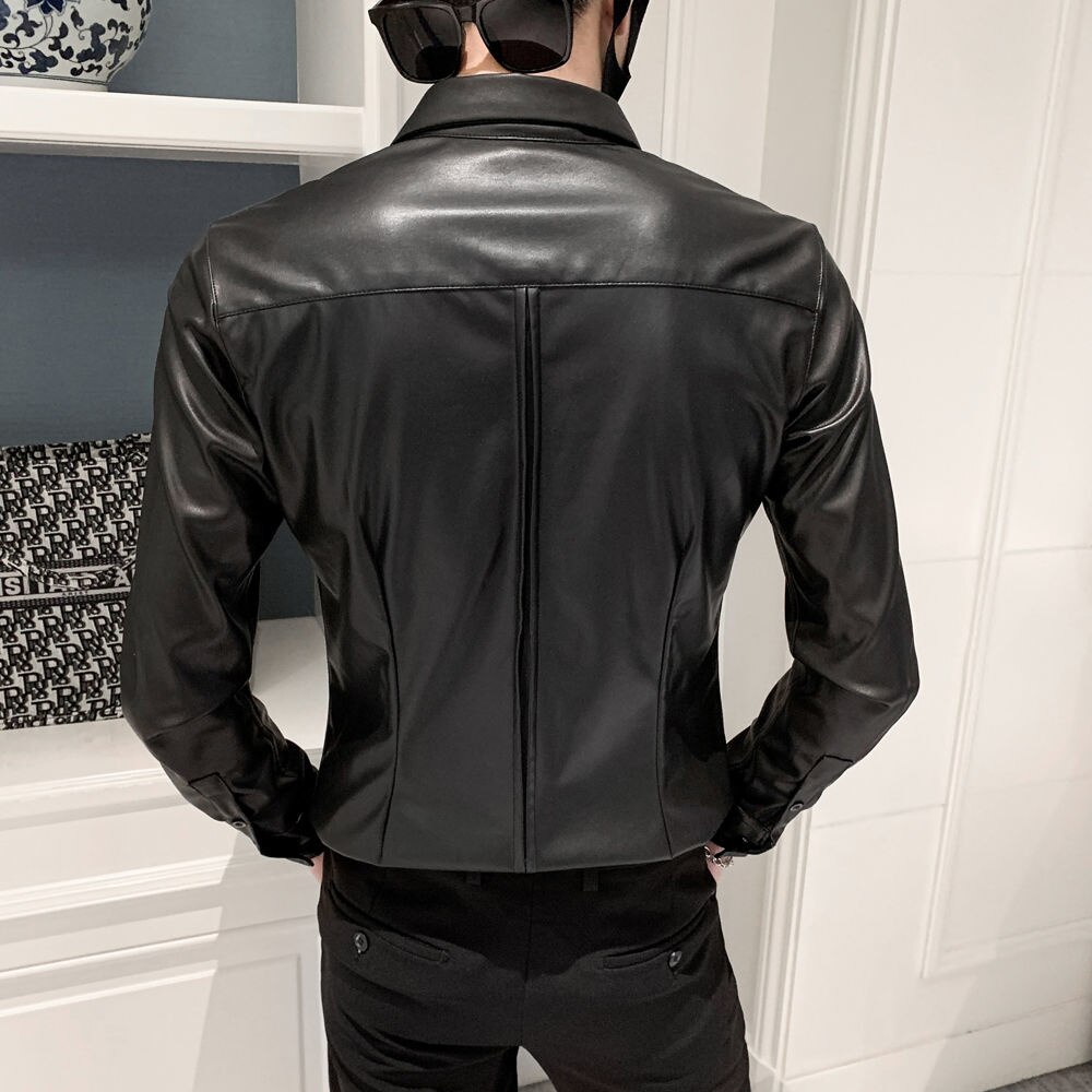 Efterår vinter herre & #39 ;s koreansk slim fit læder skjorte herre & #39 ;s camisa social masculina trend mærke sorte læder skjorter