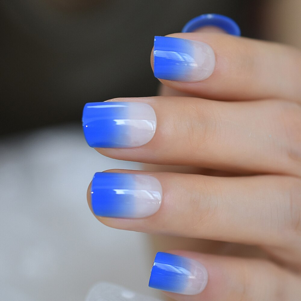 Faux-ongles pour French manucure, bleu diamant, Ombre, à pression, carré brillant, par les dames, 24 Ct
