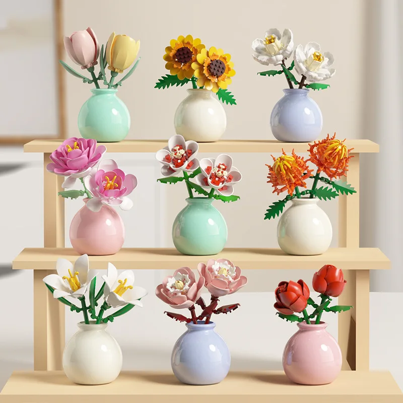 Building block pot plant bouquet of flowers, roses, lily building blocks, toys with flower pots, cute living room ornaments