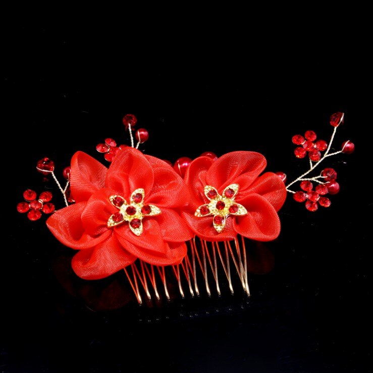 Women Bridal Ivory Red Flower Hair Comb Crystal Tiara Pearls Gorgeous Hair jewellry Wedding Party Decoration Accessories