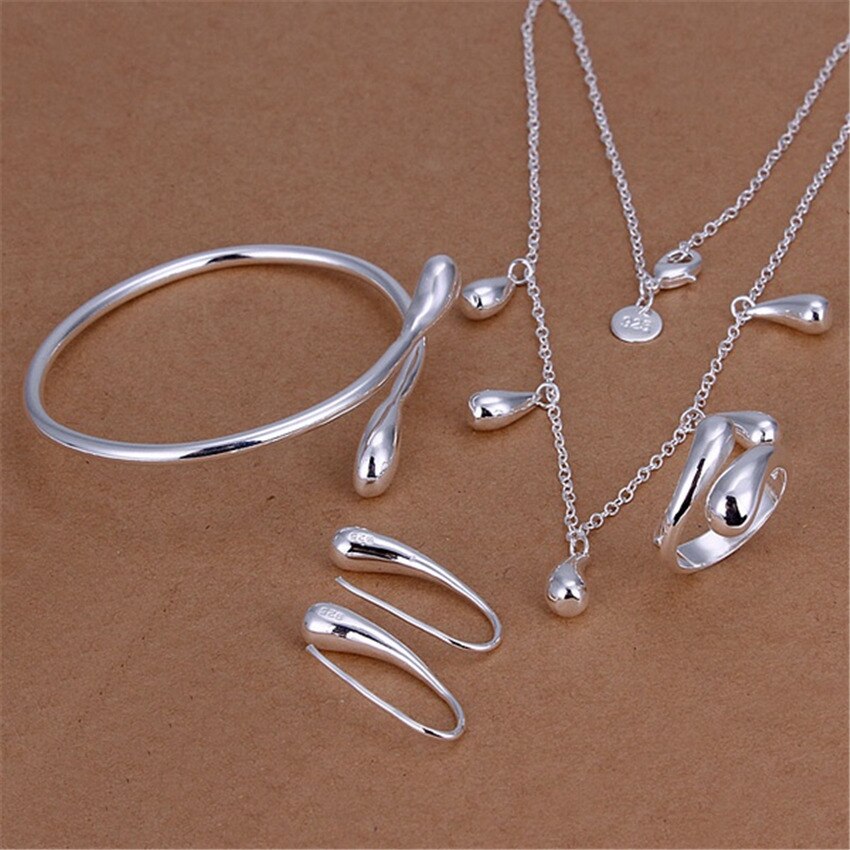 zilver kleur sieraden set temperament klassieke waterdruppels hanger ketting armband ring oorbellen S219