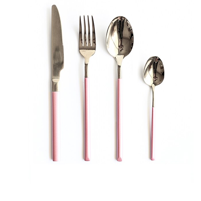 Spejl guld stål bestik sæt spisestel gaffel ske kniv sæt western restaurant rustfrit stål bordservice ske og gaffel sæt: Lf7 lyserøde sølv 1 sæt