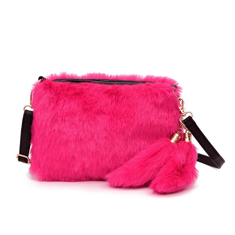 Weiche Warme Pelz Tasche Schulter Tasche Weibliche Leopard Weiblichen Beutel Große Plüsch Winter Handtasche Winter Umhängetasche: Hot Pink