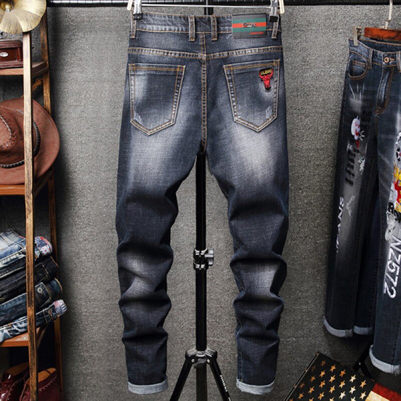 Mens Denim Embroidery Hole Jeans Stretch Distressed Ripped Jeans Men Spring Autumn Hip Hop Pants Streetwear