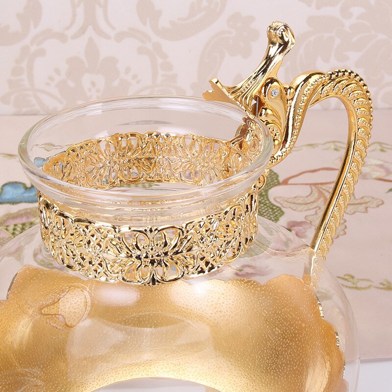 Palace Golden Glass Teapot Kitchen Metal Cold Kettle Coffee Pot European Style Home Decoration Glassware Birthday Wedding