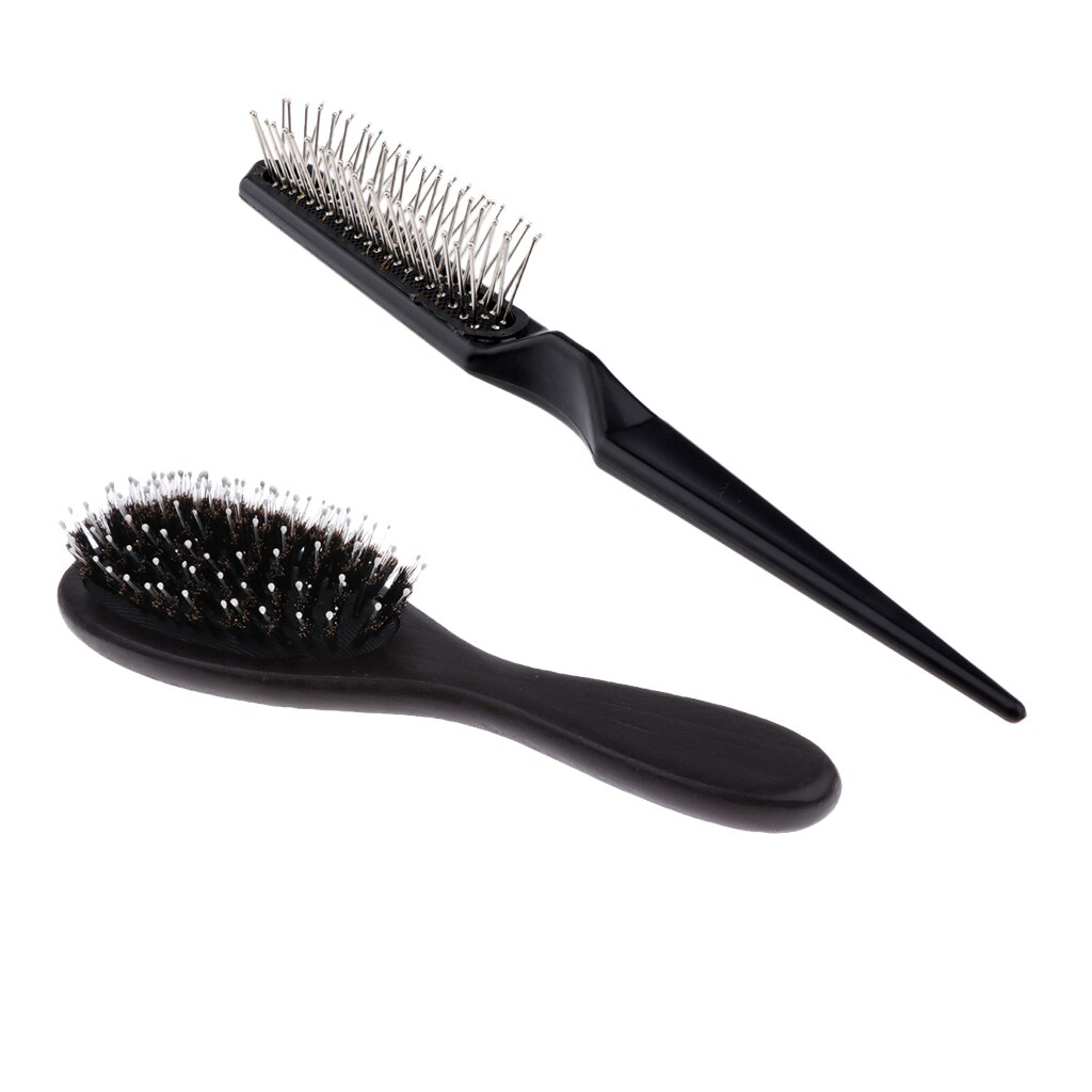 Cepillo de pelo negro desenredar con mango de madera, peine acolchado con cola de rata para extensiones de cabello Natural, 2 unidades