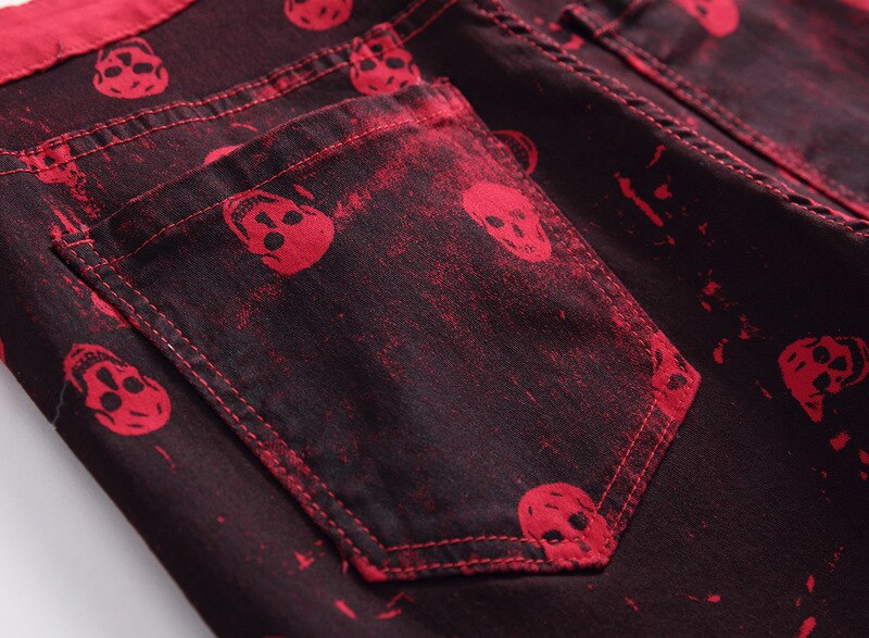 Miesten pääkallokuvioiset punaiset denimfarkut plus kokoiset slim fit -kuvioiset joustohousut