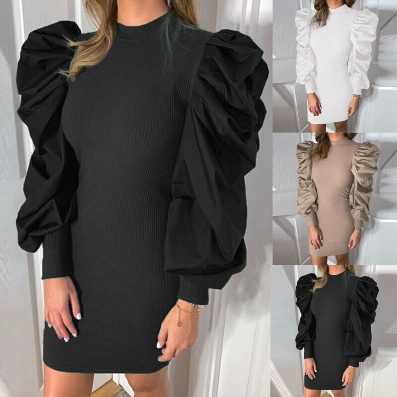 Women Long Puff Sleeve Ribbed Knit Jumper Mini Dress Ladies Party Bodycon Dress