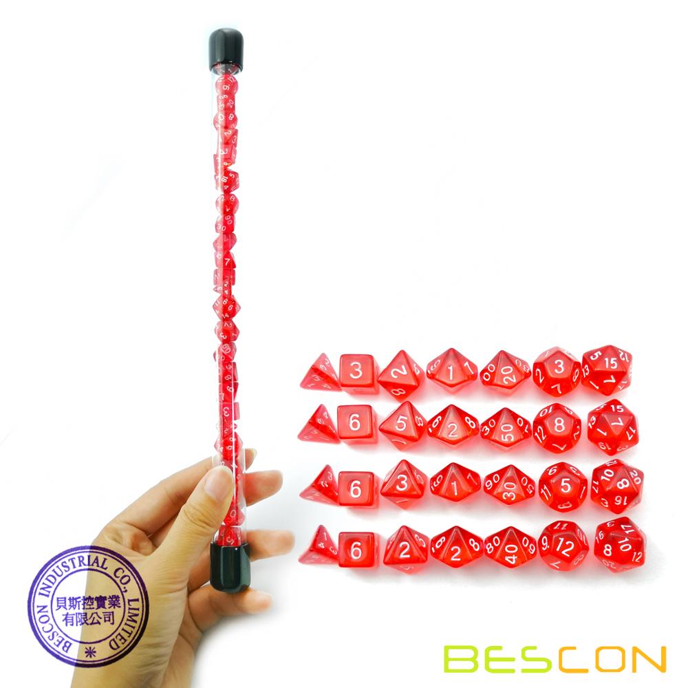 Bescon 28 個半透明赤ミニ多面体サイコロセットチューブ、ミニ rpg ルビーサイコロ 4X7pcs 、ミニルビー宝石サイコロセット