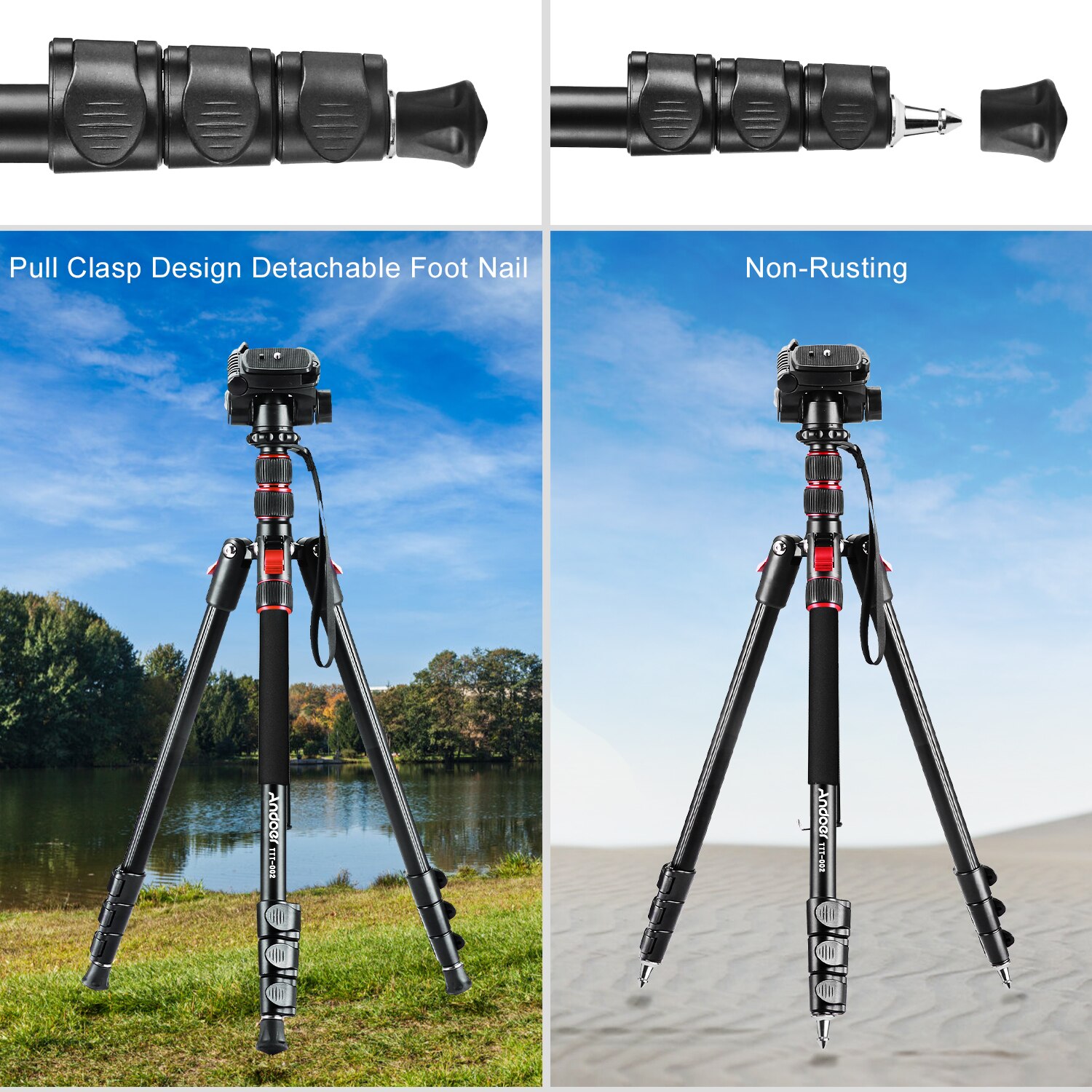 Andoer – trépied monopode 2 en 1, trépied de photographie en alliage d'aluminium, tête sphérique rotative de 200cm, charge de 5kg pour appareils photo DSLR