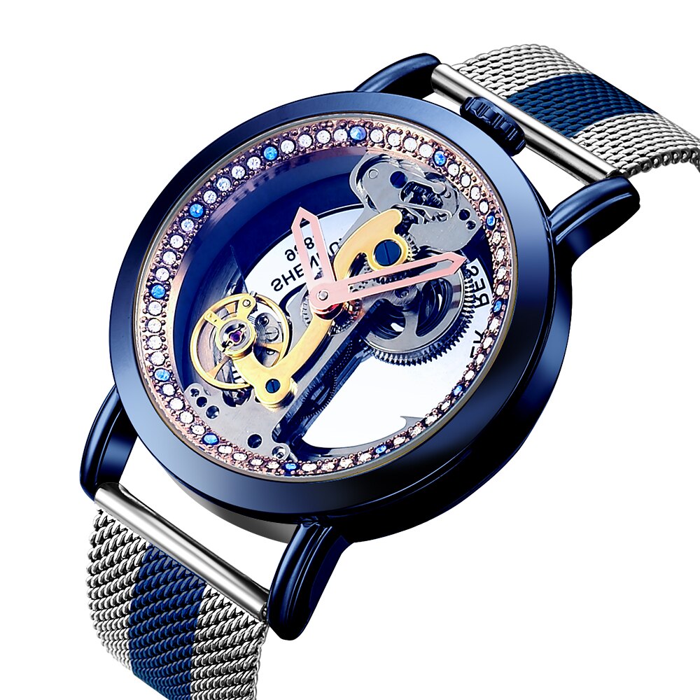Luxe automatische herenhorloges, hol gesneden skelet, mechanisch polshorloge voor mannen: Zilverblauw blauw