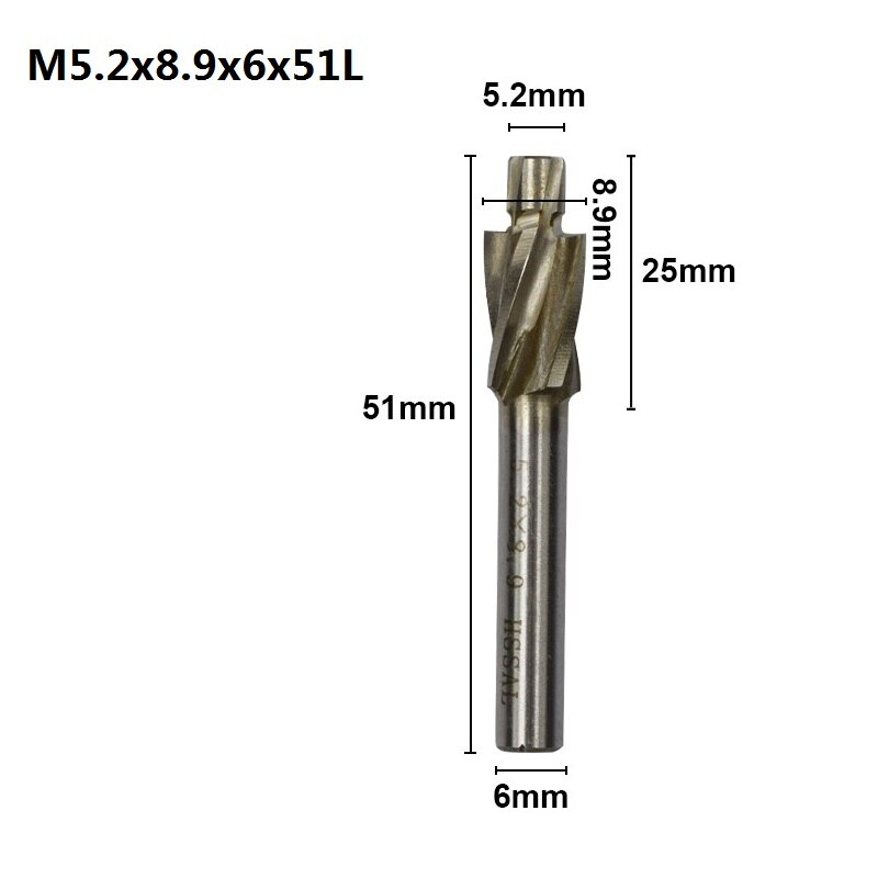 1 unidad de fresa de avellanado XCAN con 4 puntas HSS, herramienta de ranurado piloto de M3.2-M16.5, fresa para taladro de madera/Metal: M5.2x8.9x6x51