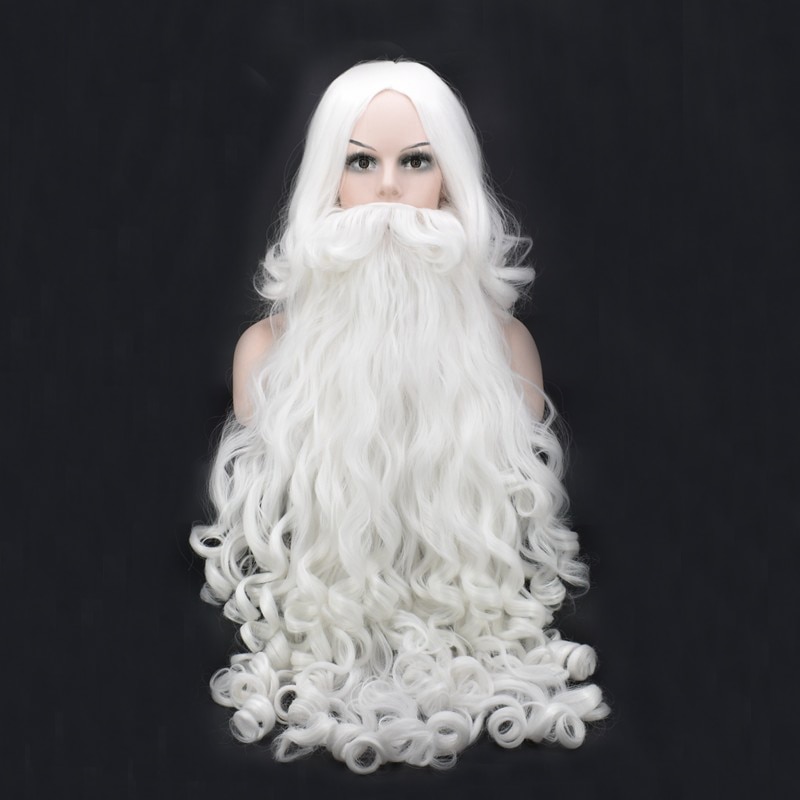 Peluca navideña Cosplay barba Santa Claus pelo sintético largo rizado blanco resistente al calor + gorro de peluca