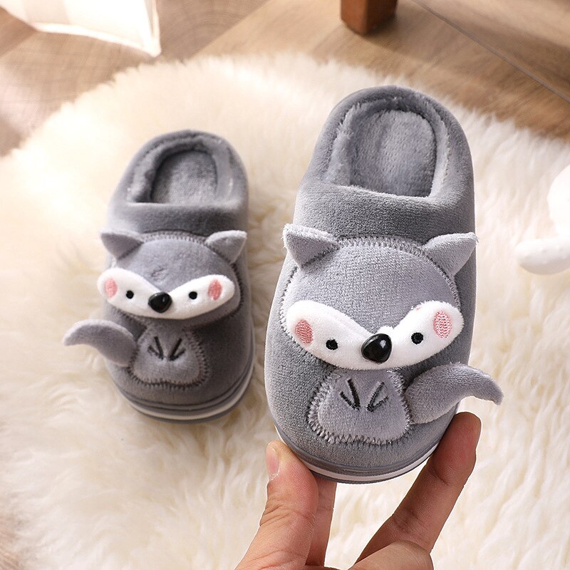 Winter Cartoon Slippers Kids Toddler Girl Flip Flop Baby Boys Fur Slides Cotton Indoor Shoes Warm Fluffy Children Slippers: Gray / 10(insole 17cm)