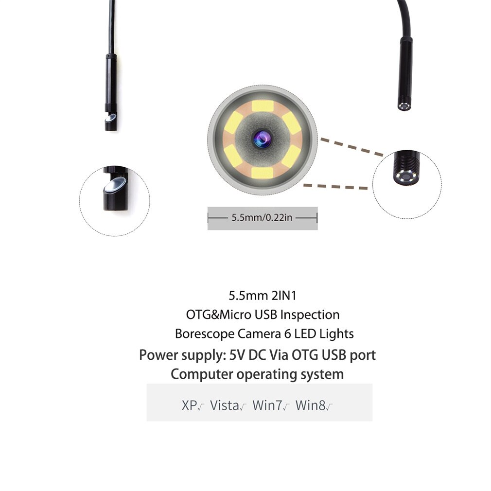 5.5Mm 2IN1 Otg & Micro Usb Inspectie Borescope Camera 6 Led Verlichting Verstelbare Helderheid 2M 5M Gebouwd in Camera Knop 640*480