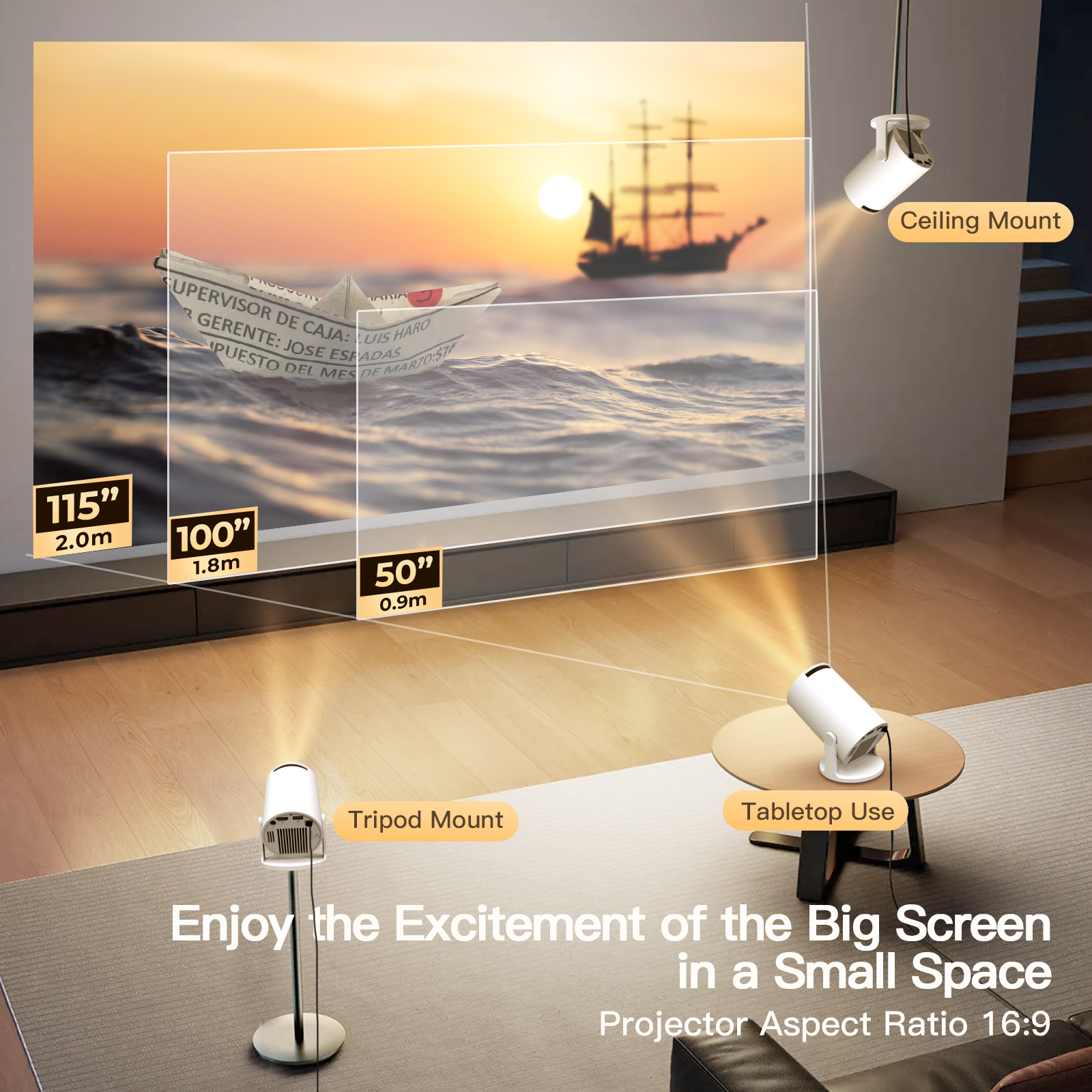 2025 Tragbarer Mini-Projektor für den Außenbereich 720P XP300 Pro, WiFi 6 & BT 5.4.180 ° Rotation, 4500 Lumen 3W Lautsprecher für Camping Movie Night ​