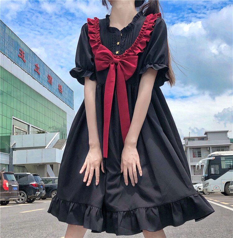 Gothic Lolita Jurk Japanse Dark Harajuku Mode Zoete Strik Dunne Jurk Kawaii Meisje Zomer Stijl: Black Red