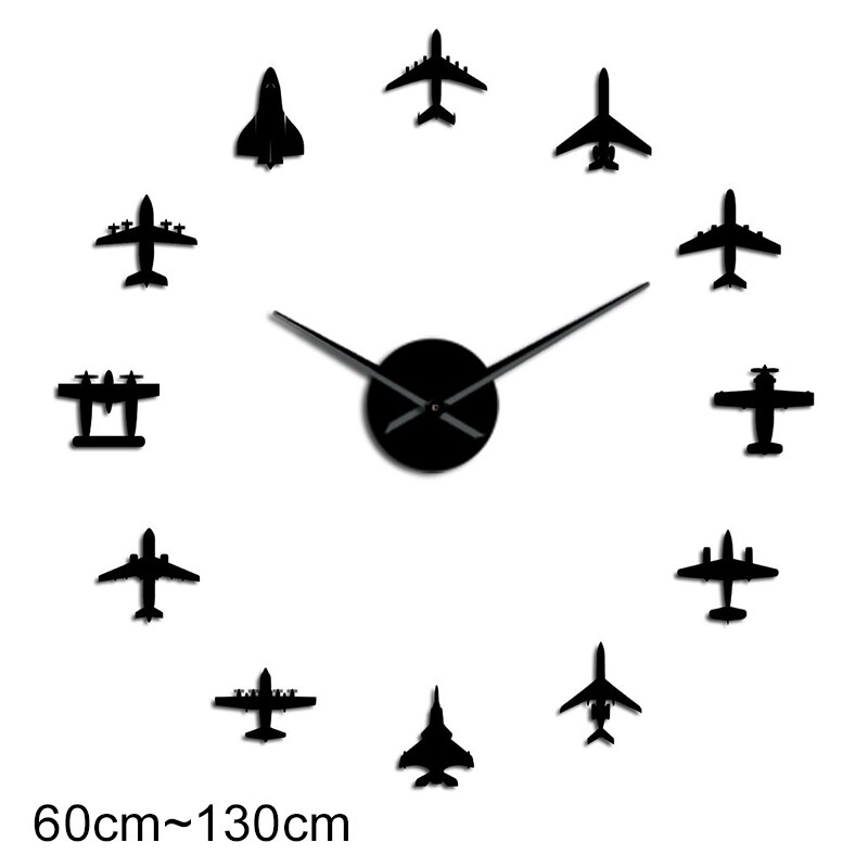 Aereo volante combattente Jet moderno orologio da parete gigante fai da te specchio superficie adesivo acrilico aereo orologio da parete aviatore pilota decorazioni per la casa: nero