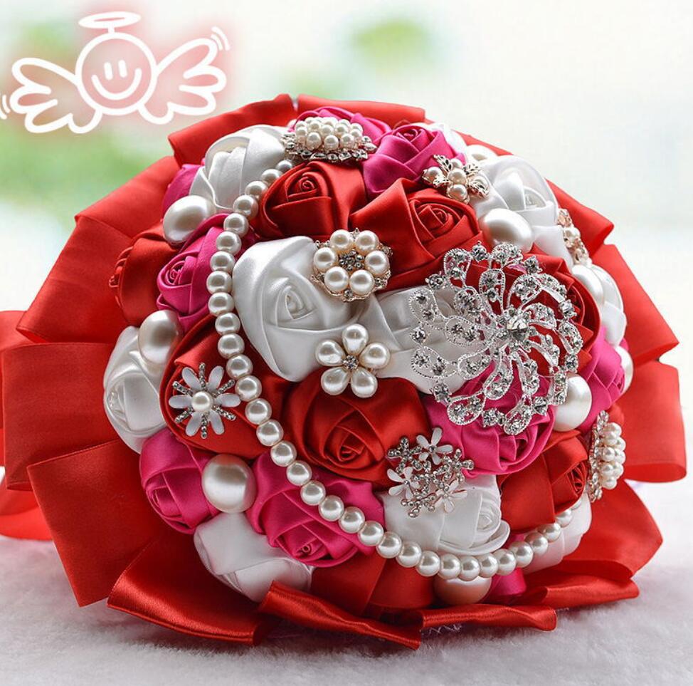 AYiCuthia Stunning Crystal Flower And Pearls Wedding Flowers Pink Bridesmaid Bridal Bouquets Artificial Rose Wedding Bouquet S59: Red