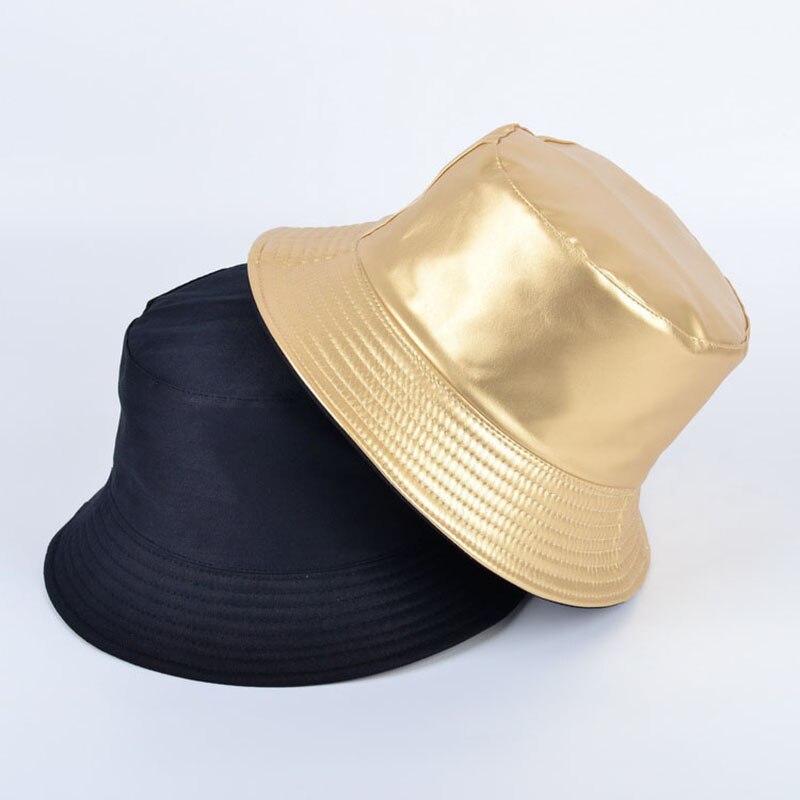 Spand hatte kunstlæder spand hat dobbeltsidet hat pu & bomuld solid top damer spand cap panama fisker cap: Guld