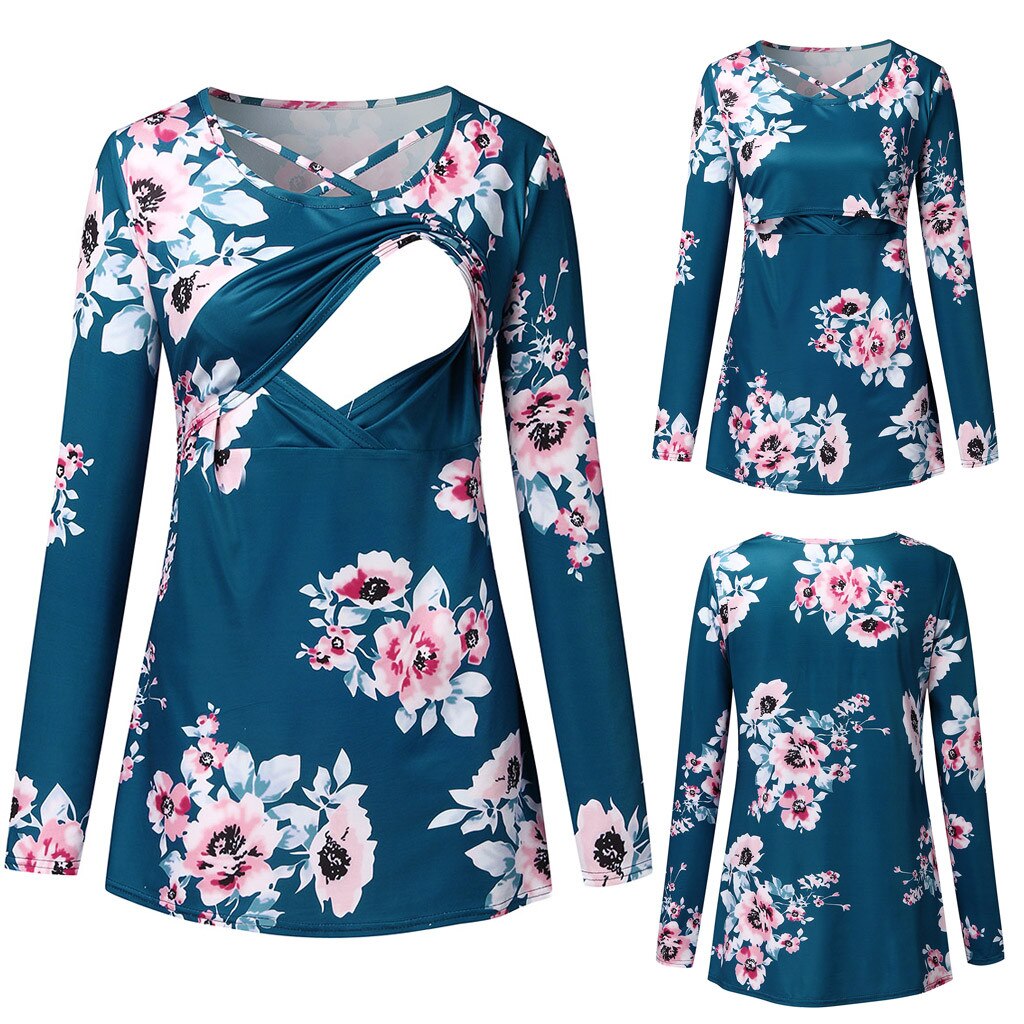 Fall Maternity Clothes Women Pregnant Nursing Maternity O-neck Long Sleeve Printed Floral Blouse Tops Zwangerschaps Kleding