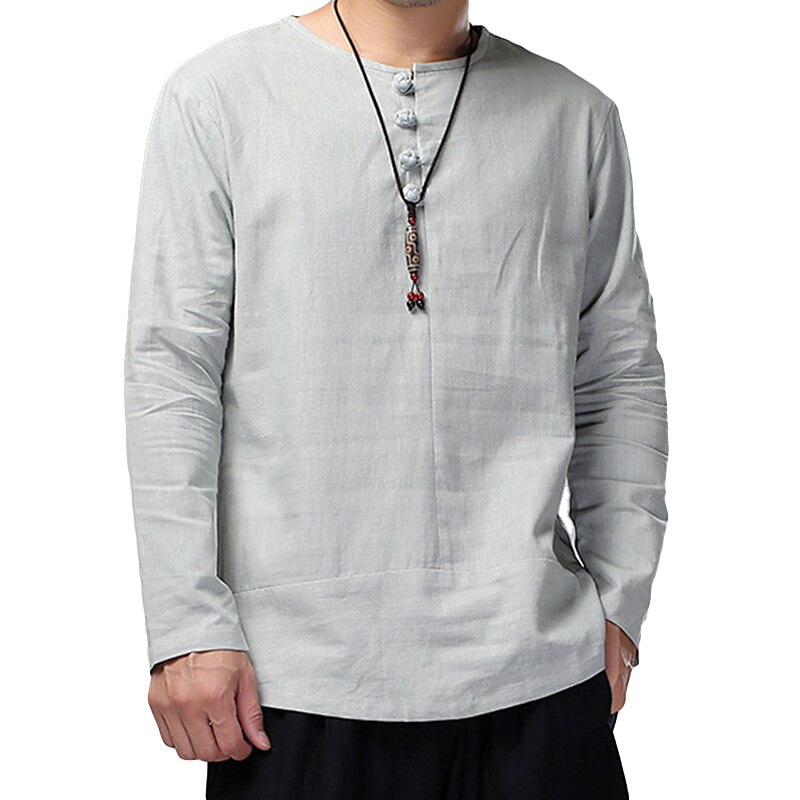 Fritidsskjortor herr bomullslinne långärmad enfärgad vit skjorta med rund hals camisa masculina herrkläder