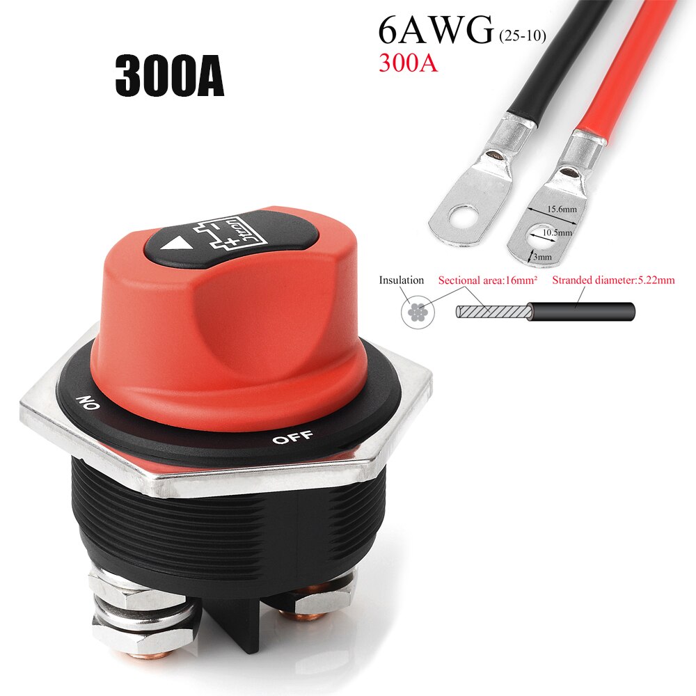 Jtron car battery switch 12v 50A 100A 200A 300A car battery isolator switch + cable wiring connect on-off battery kill switch