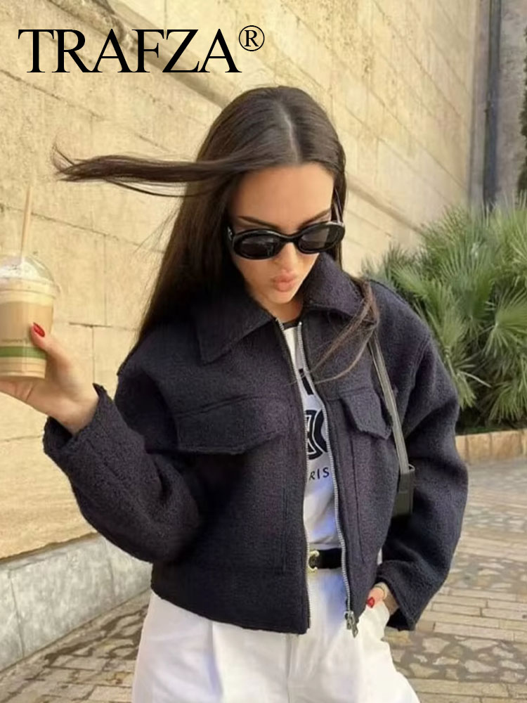 TRAFZA Jacke Für Frauen Herbst Solide Langarm Revers Mantel Vorderseite Tasche Reißverschluss Bomber Jacken Weibliche 2024 Streetwear