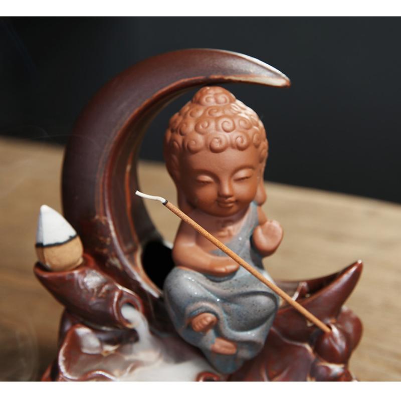 Small Buddha Backflow Incense Burner Smoke Waterfall Incense Sticks Holder Ceramic Lotus Flower Incense Censer Decorative Buddha