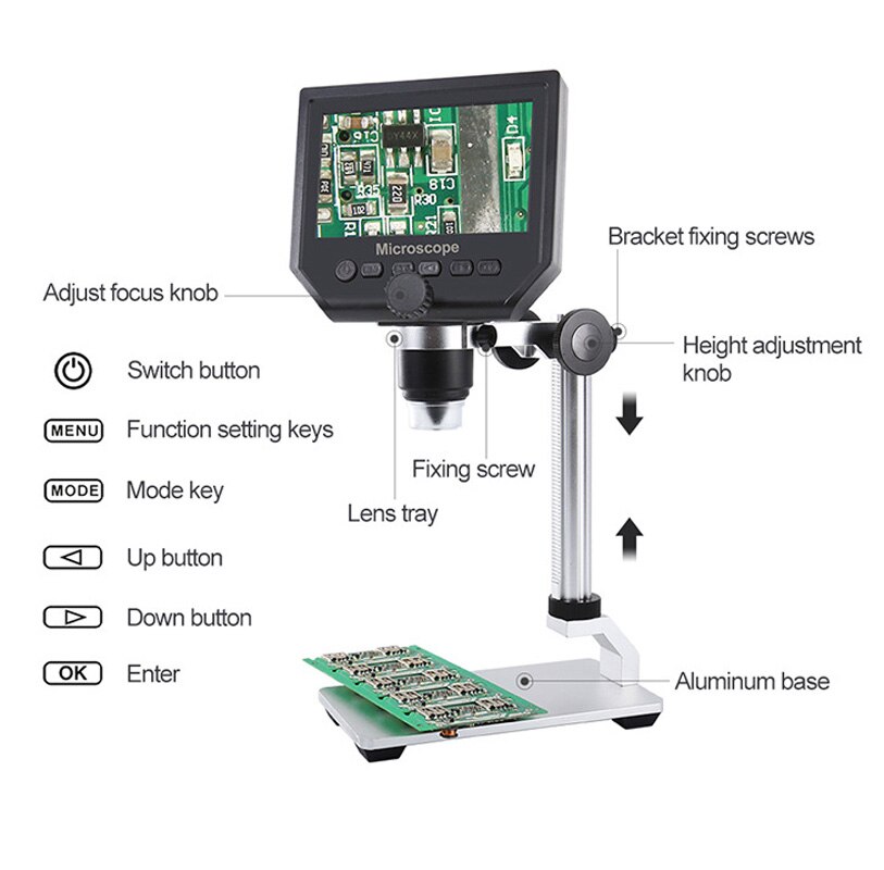 G600 600X Electronic USB Microscope Digital Soldering Video Microscope Camera 4.3 inch LCD Endoscope Magnifying Camera + 8 LED: Aluminum alloy stand