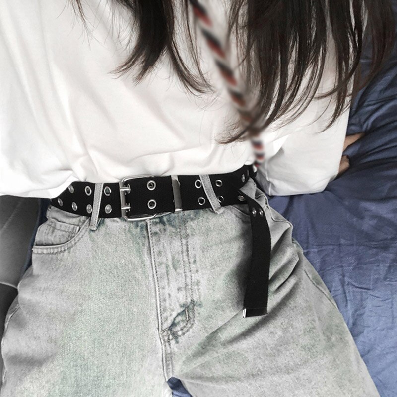 Punk Casual Canvas Unisex Riem Dubbele Rij Gaten Pin Vierkante Gesp Taille Riem Wit Zwart Student Vrouwen Mannen Jeans tailleband