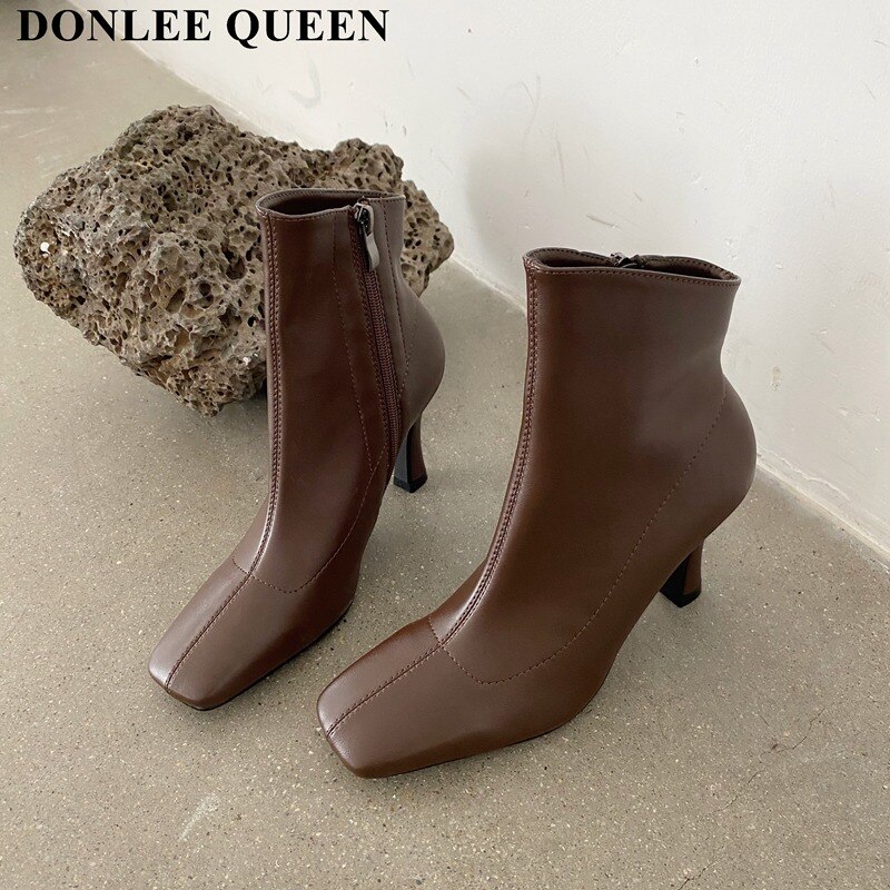 Ankelstøvler til kvinder firkantede sko vinter korte støvler lynlås tynde hæle behagelige dame støvler zapatillas mujer