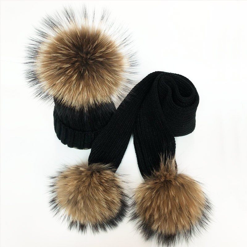 Ouder-kind Winter hoeden Schattige Baby bont Pompon Hoed Sjaal Sets Echte Natuurlijke Haarbal Caps Moeder Kinderen Warme Gebreide Hoeden Winter Bea: M / Lichtgrijs