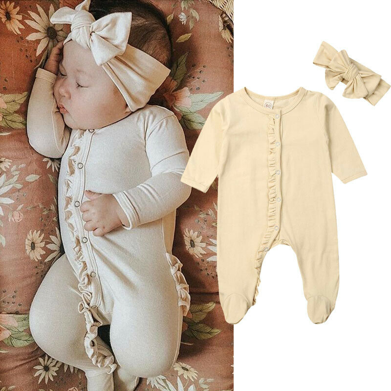 CANIS 2 STUKS Pasgeboren Baby Meisje Jongen Katoen Lange Mouw Knop Ruches Effen Kleur Romper Hoofdband Pyjama Outfits Kleding